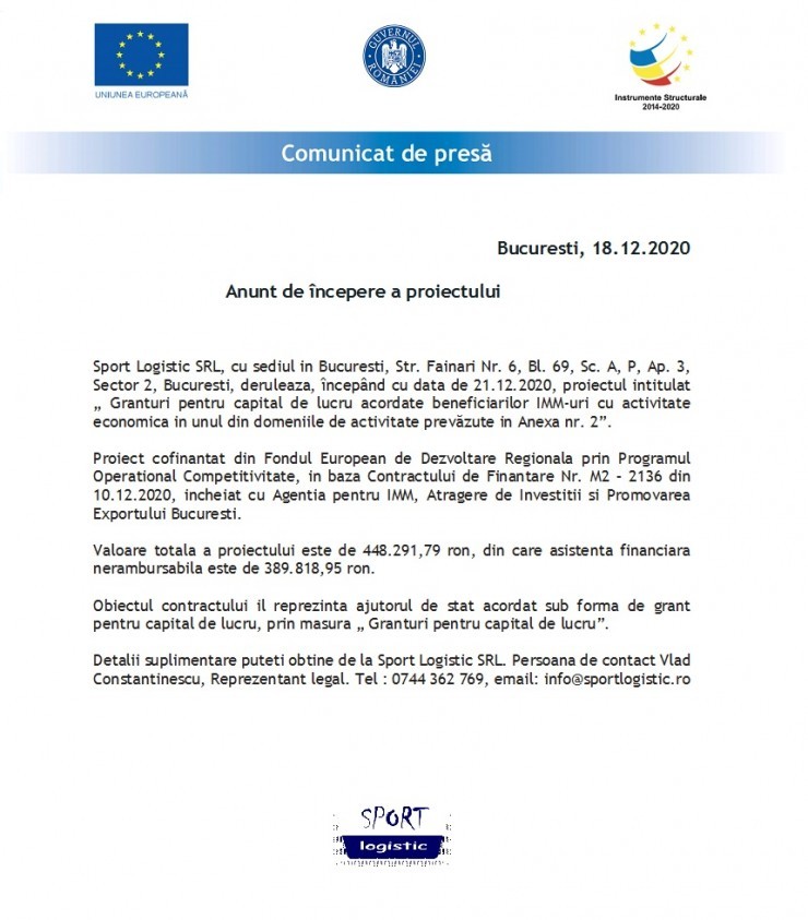 Anunt incepere proiect " Granturi pentru capital de lucru" Sport Logistic