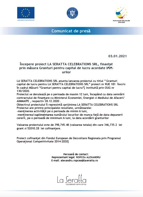 Anunt incepere proiect granturi pentru capital de lucru - LA SERATTA CELEBRATIONS SRL