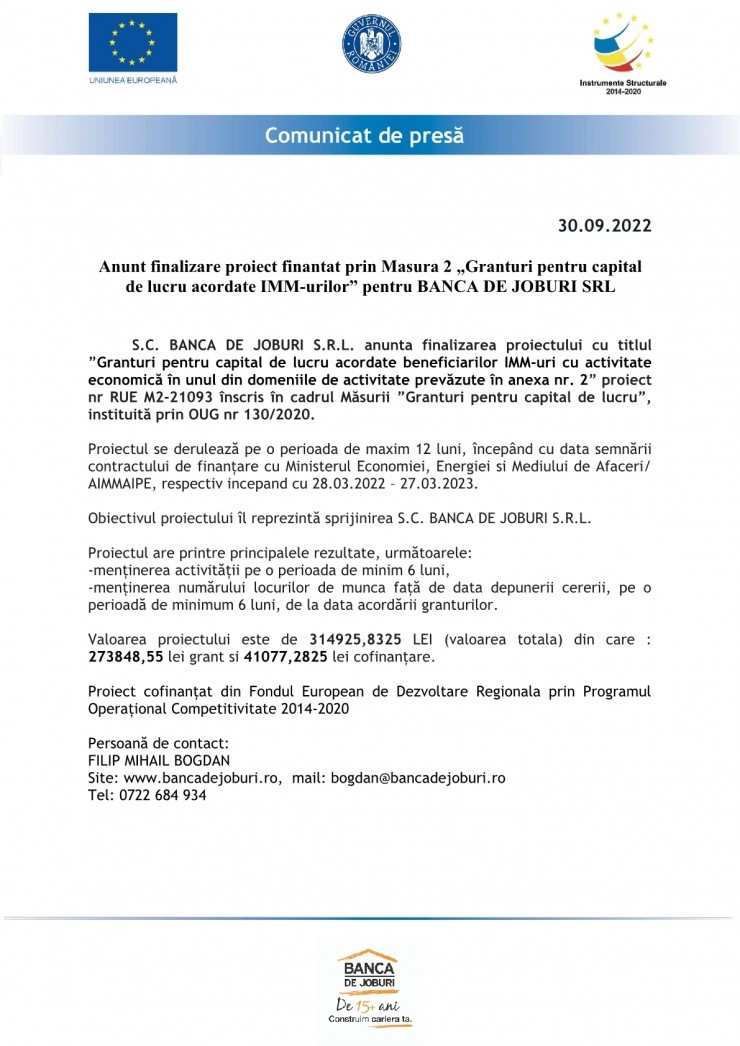 Anunt finalizare proiect finantat prin Masura 2 „Granturi pentru capital de lucru acordate IMM-urilor” pentru BANCA DE JOBURI SRL