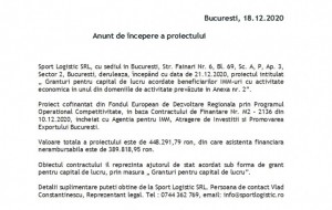 Anunt incepere proiect " Granturi pentru capital de lucru" Sport Logistic