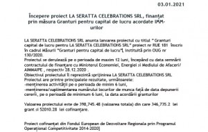 Anunt incepere proiect granturi pentru capital de lucru - LA SERATTA CELEBRATIONS SRL