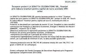 Anunt incepere proiect granturi pentru capital de lucru - LA SERATTA CELEBRATIONS SRL