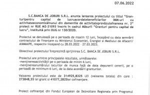 S.C. BANCA DE JOBURI S.R.L. anunta lansarea proiectului cu titlul ”Granturi pentru capital de lucru acordate beneficiarilor IMM-uri cu activitate economică în unul din domeniile de activitate prevăzute în anexa nr. 2”