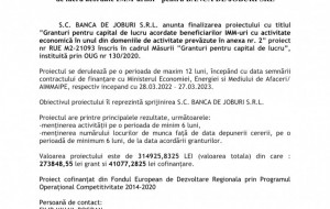 Anunt finalizare proiect finantat prin Masura 2 „Granturi pentru capital de lucru acordate IMM-urilor” pentru BANCA DE JOBURI SRL