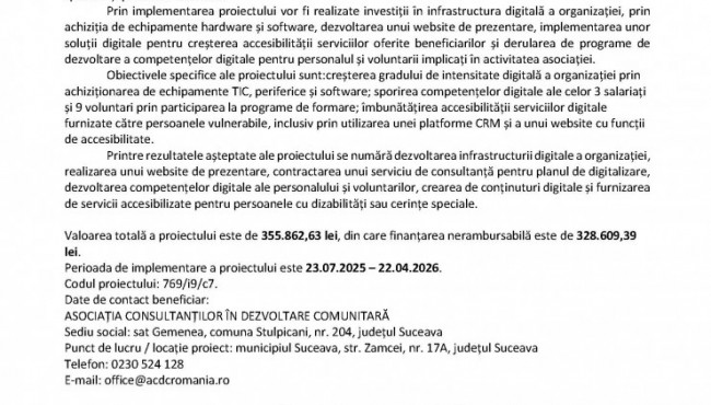 Lansarea proiectului &bdquo;Digitalizarea Asociației Consultanților &icirc;n Dezvoltare Comunitară&rdquo;