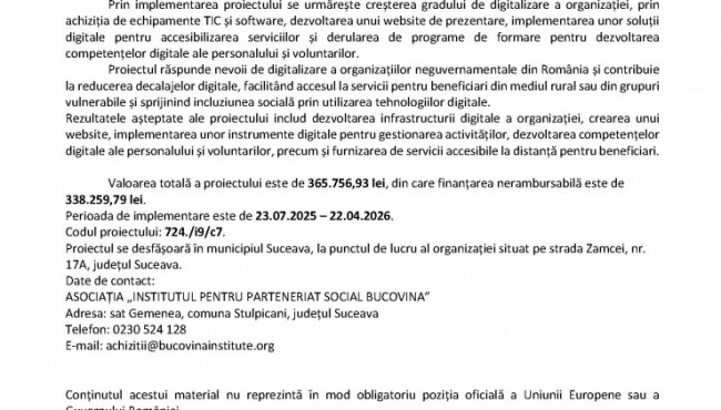 Lansarea proiectului &bdquo;Digitalizarea Asociației Institutul pentru Parteneriat Social Bucovina&rdquo;
