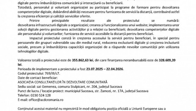 Finalizarea proiectului &bdquo;Digitalizarea Asociației Consultanților &icirc;n Dezvoltare Comunitară&rdquo;