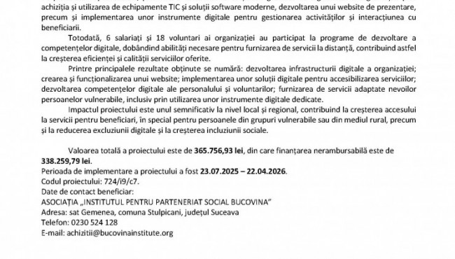 Finalizarea proiectului &bdquo;Digitalizarea Asociației Institutul pentru Parteneriat Social Bucovina&rdquo;